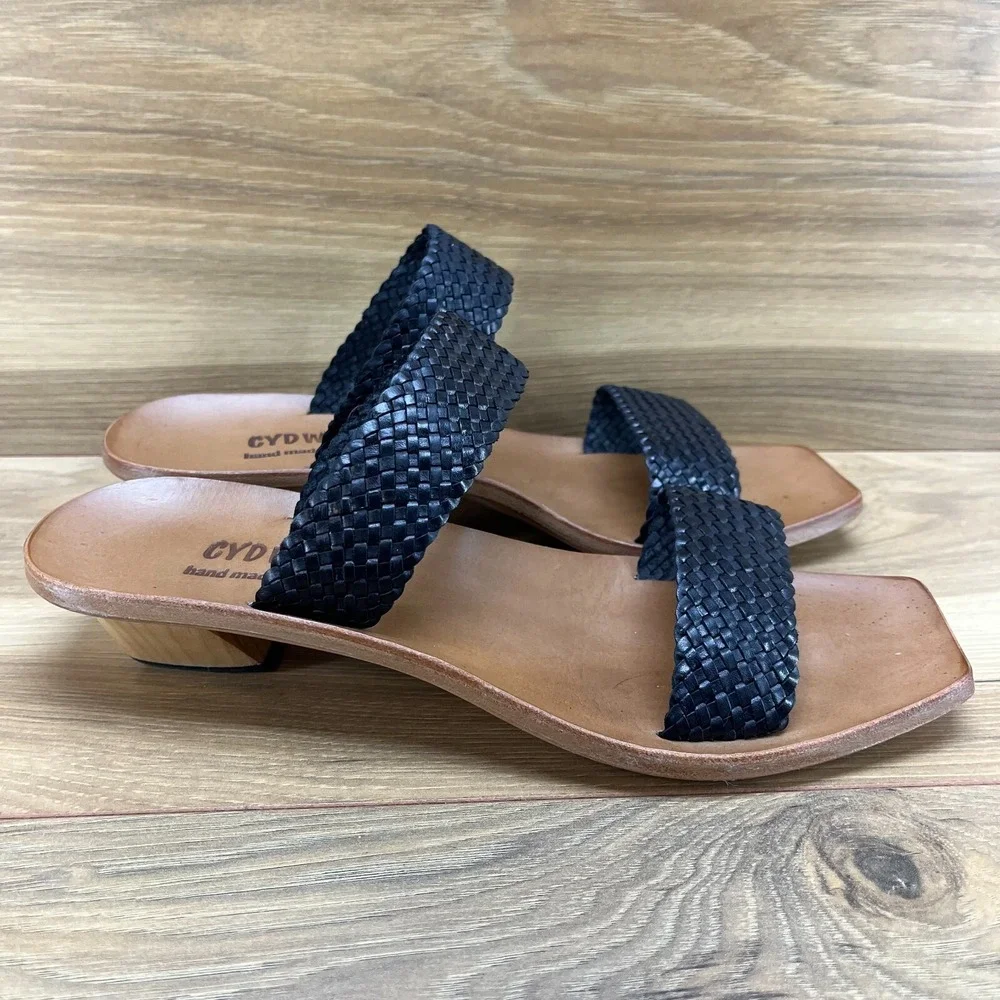 CYDWOQ‎ Womens Sandals Size 9 Black Woven Leather Low Heel Slide USA Made